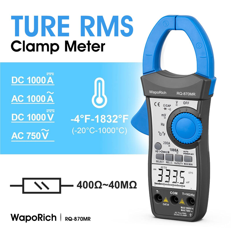 [Australia - AusPower] - Clamp Multimeter TRMS Auto-Ranging, 4000 Counts AC/DC Voltage Current Meter, Temp Frequency Capacitance Diode Continuity Tester Backlit(RQ-870MR) 