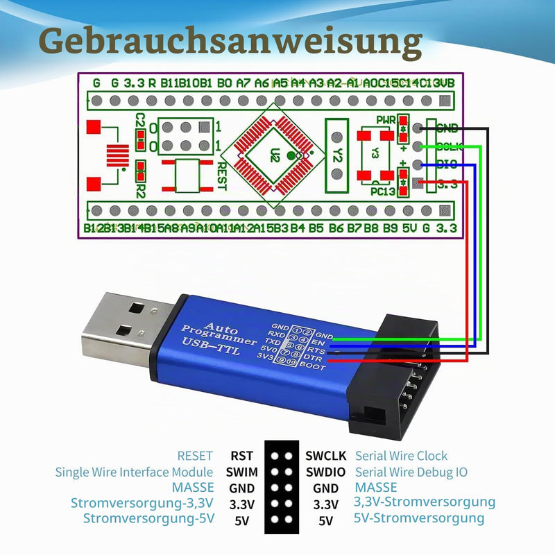 ST-Link V2 Programmer ST-Link Emulator Downloader for STM32 and STM8 | SWD SWIM Download Debugging | 8/32 Bit-Mikrocontroller | mit 5V/3.3V | 4x 20cm Dupont Drähten | Zufallsfarbe Aluminiumgehäuse