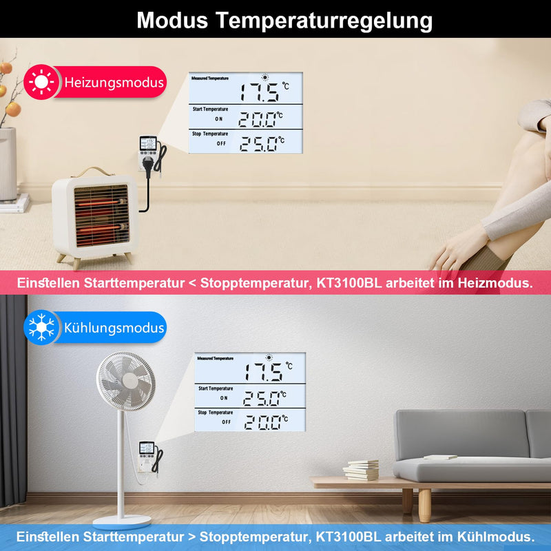 [Australia - AusPower] - KETOTEK Digital Temperature Controller Thermostat Socket 230 V with 3 m Sensor, Sockets Thermostat Heating Cooling Temperature Controlled for Greenhouse Incubator Refrigerator, Backlight KT3100BL with Backlit 