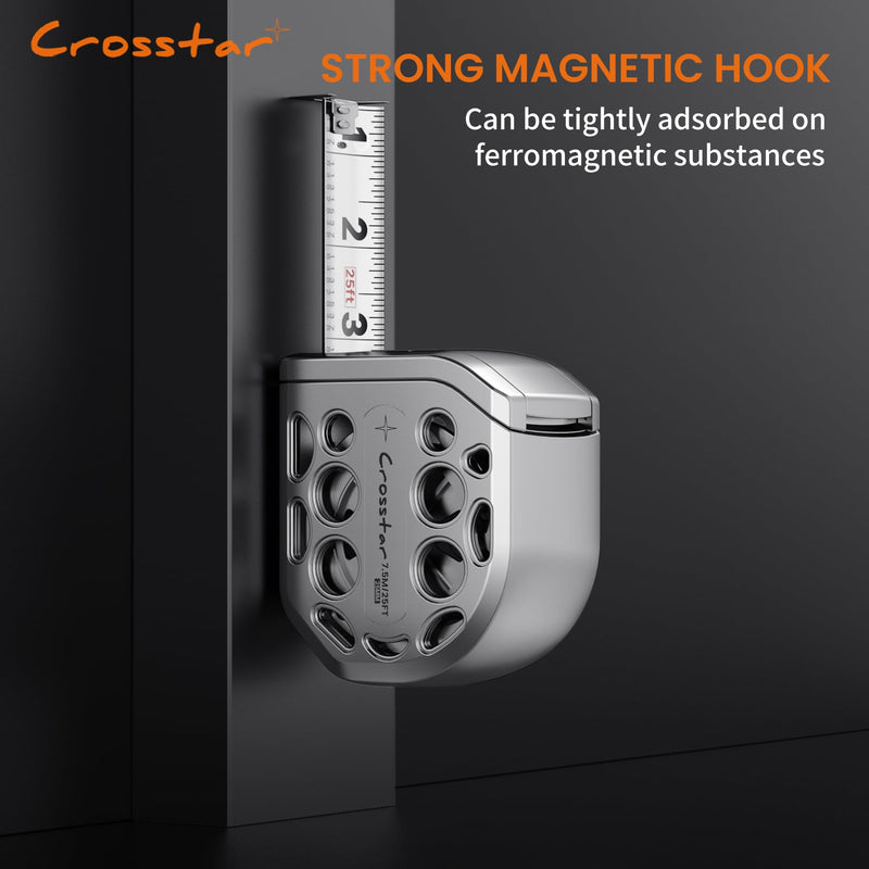 [Australia - AusPower] - Crosstar 25FT Magnetic Self-Locking Stainless Steel Tape Measure, Double-Sided Scale, Waterproof & Rustproof Retractable Measuring Tape with Hollow Design for Home, Industrial, Woodworking 25' 