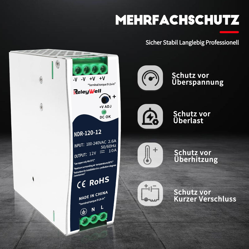 [Australia - AusPower] - ReleyWell, NDR-120-12 DIN Rail Power Supply 12 V, 120 W, 10 A; Transformer 230 V to 12 V LED, DIN Rail, 12 Volt Power Supply, Bell Transformer 120Watt 
