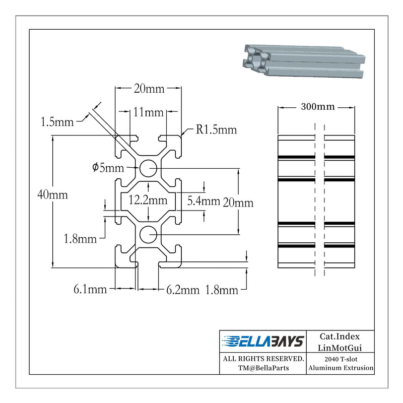 [Australia - AusPower] - 1pc 2040 T Slot Aluminum Extrusion Profile 300mm 11.81inch European Standard Anodized Extruded Linear Rail Guide Frame for 3D Printer Laser Engraving CNC Automation Equipment DIY Silver BELLA BAYS 300mm (11.81") 2040 T Silver 1 