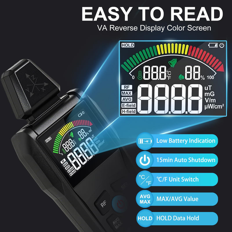 [Australia - AusPower] - EMF Meter Radiation Detector,5-in-1 EMF Detector,Magnetic Field & Radio Frequency Detector for EF MF RF Temperature Humidity,EMF Reader for Home,Office EMF Inspections and Ghost Hunting 