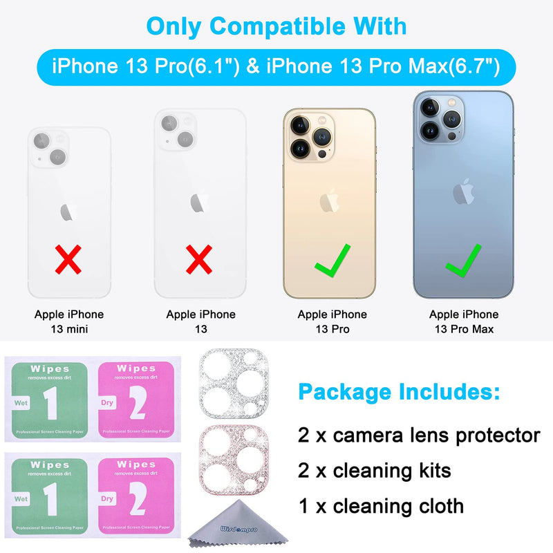 [Australia - AusPower] - [2 Pack] Wisdompro Bling Camera Lens Protector for iPhone 13 Pro Max 6.7 inch, for iPhone 13 Pro 6.1 inch, Glitter Diamond Crystal Metal Lens Decoration Cover Accessories (Rose Gold and Silver) for iPhone 13 Pro Max & 13 Pro (Rose Gold + Silver) 