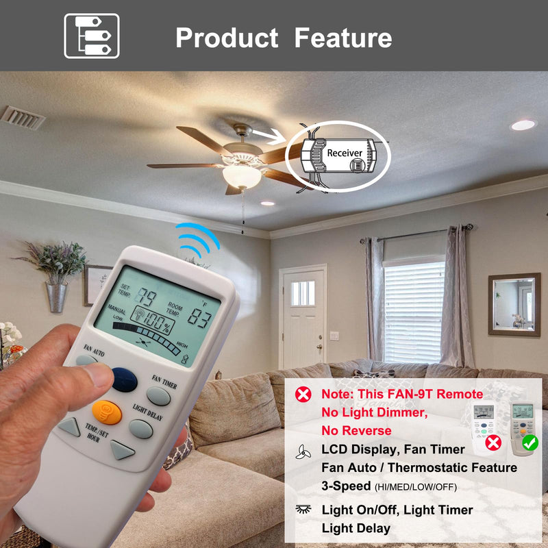 CENMING FAN-9T Thermostatic Ceiling Fan Light Remote Control Kit for Hampton Bay Hunter,w/Receiver Fan Timer Key LCD Display Temp 3-Speed, Replacement for FAN-9T L3HFAN-9T, No Dimmer No Reverse 9T FAN TIMER Kit