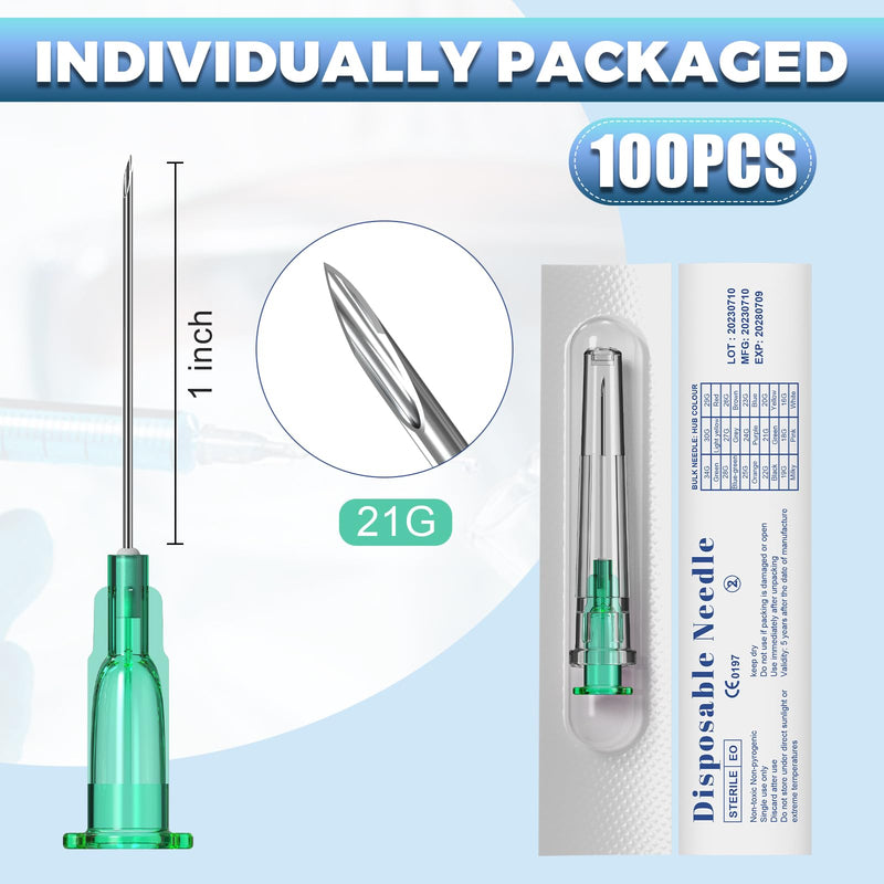 21 Gauge 1 Inch: 100 PCS Sterile Disposable Luer Lock - Individually Sealed Packages (21G) 21Ga1Inch