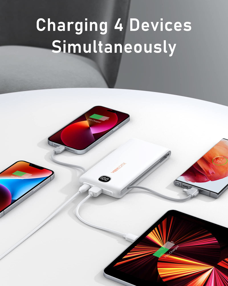 [Australia - AusPower] - VEEKTOMX Power Bank with Built in Cables 22.5W 10000mAh, Portable Charger for iPhone with AC Wall Plug, Fast Charging USB C Slim iPhone Charger with LED Display Compatible with iPhone15/14/13, Samsung 10000mAh White 