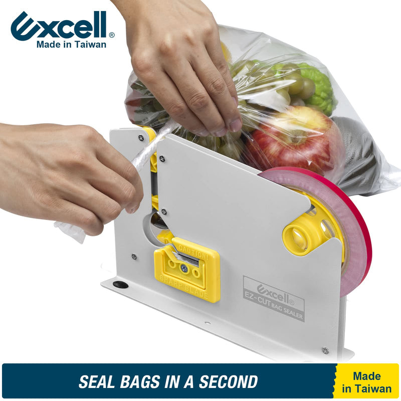 Excell ET-609K Metal Tape Bag Sealer with Trimmer Blade: Fits 9 mm Tape, Ideal for Sealing Candy, Bread, and Meat. Easy to Cut and Trim Bags. Durable, Table-mountable. Includes Sealer and Tape roll.