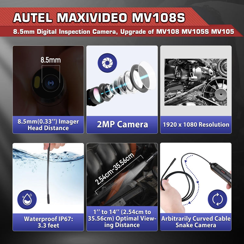[Australia - AusPower] - Autel MaxiVideo MV108S Digital Inspection Camera, 2MP 1920x1080, Waterproof USB Endoscope, 8.5mm Ultra-Slim Borescope Snake Camera + LED Light, Work with Autel Scanner & PC, MV108 MV105S MV105 Upgrade 