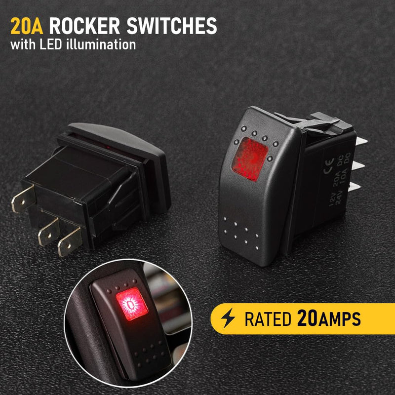 MGI SpeedWare 3-Pack Marine Rocker Switches with Illuminated LED, 20A 12vDC, SPST Latching ON/Off - Red