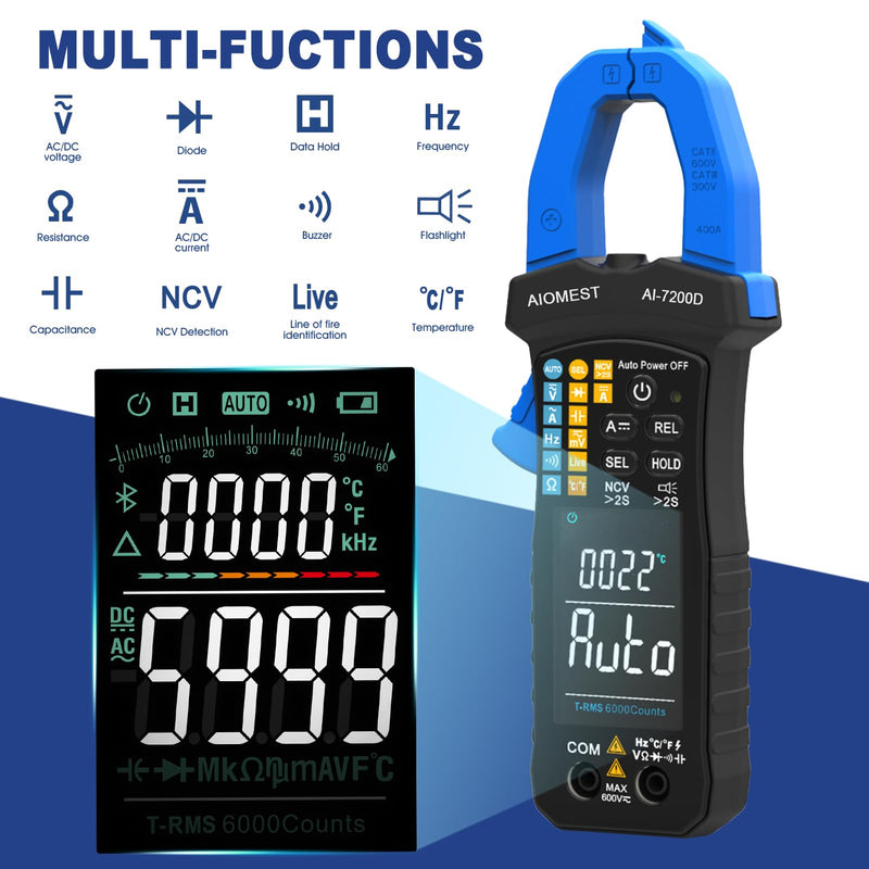 [Australia - AusPower] - AIOMEST Digital Clamp Meter, 6000 Counts Handheld Multimeter Slim Voltage Tester Auto-Range 60A/400A True-RMS w/NCV, DC & AC, Temp, Volt Ammeter AI-7200D 