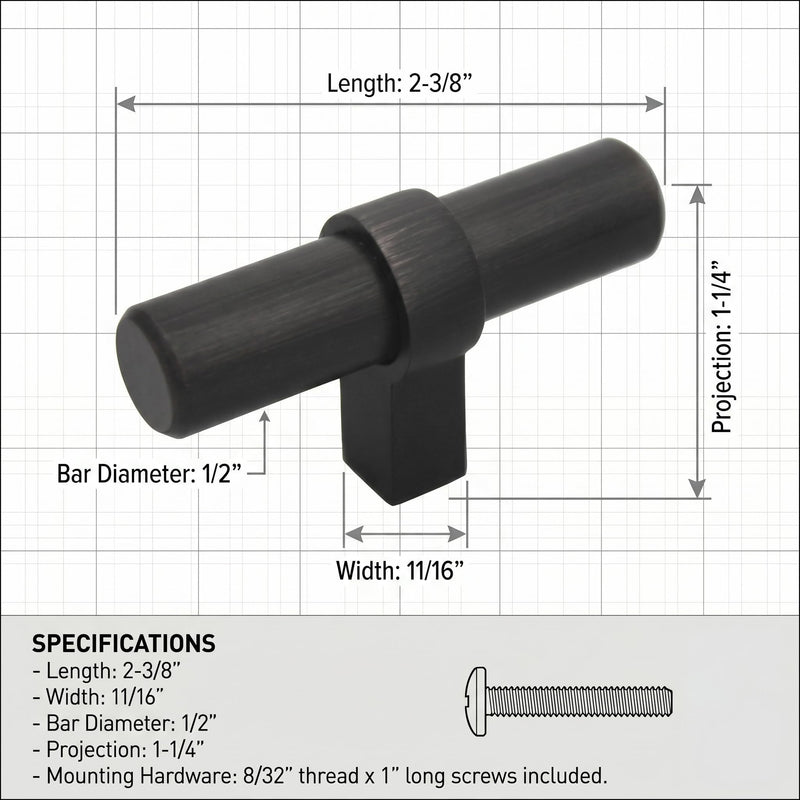 Cosmas 10 Pack 181ORB Oil Rubbed Bronze Euro Style T-Bar Cabinet Knobs — 2-3/8 Inch Long for Kitchen Bathroom Drawer Dresser