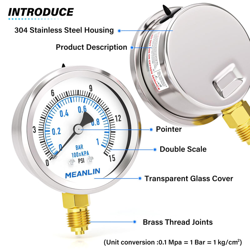 [Australia - AusPower] - MEANLIN MEASURE 0~1BAR/0~15PSI Dry Pressure Gauge Stainless Steel 1/4 Inch BSP 2 Inch Face Dial Waterproof for Fountain Pump Water Tyre Water Pressure Tester Bottom Bracket with 1/2 Inch BSP and 3/8 Mounted on the bottom 