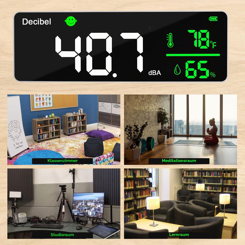 Decibel Meter, Wall Sound Level Meter, 28 cm Large LED Display, Noise Temperature and Humidity Meter with Alarm Symbols, Wide Applications for Classroom, Studio, Home, Factory