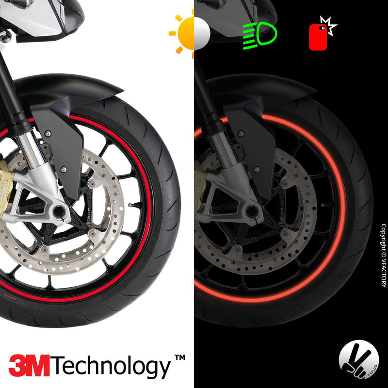 VFLUO - Motorcycle Reflective Wheel Stripes kit, 1 Wheel Rim Stickers Pack, 3M Technology™ - High lateral Visibility, Discreet and Design, Easy Installation