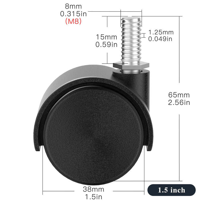 [Australia - AusPower] - 1.5 Inch Plastic Casters Set of 4, M8 Stem Nylon Furniture Wheel Replacement, Threaded Stem Swivel Cart Wheels, workbench Small Casters (Black) 1.5 inch 