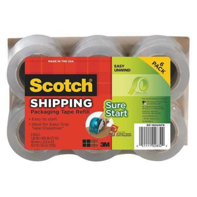 Scotch Sure Start Packing Tape for Small Core Dispenser, 1.88" x 25 yds., Clear, 6/Pack (DP1000RF6)