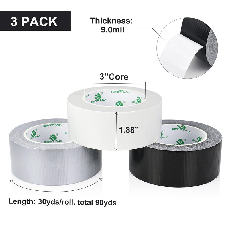 BOMEI PACK Black White Silver Duct Tape 1.88inch x 30yds, 9.0mil Heavy Duty Industrial Strong Duct Tape for Indoor Outdoor Repair Fixation Reinforcement Sealing, Total 3Rolls 90Yds