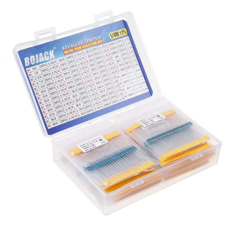 Bojack Resistors Assortment Kit, 50 Values, 1350 Pieces, 0 Ohm - 5.6 M Ohm with 1 % 1/4 W Metal Film