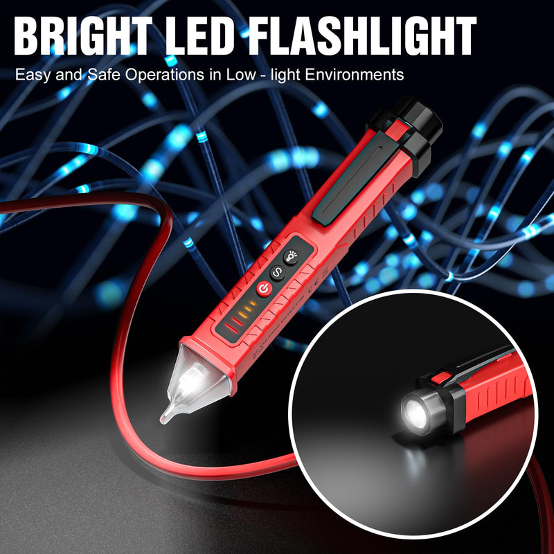 [Australia - AusPower] - Voltage Tester HS-3201 Red,Non Contact Voltage Tester AC, Multi-Function Electricity Detector Pen 90V-1000V with LED Flashlight Buzzer Alarm Wire Breakpoint Finde 