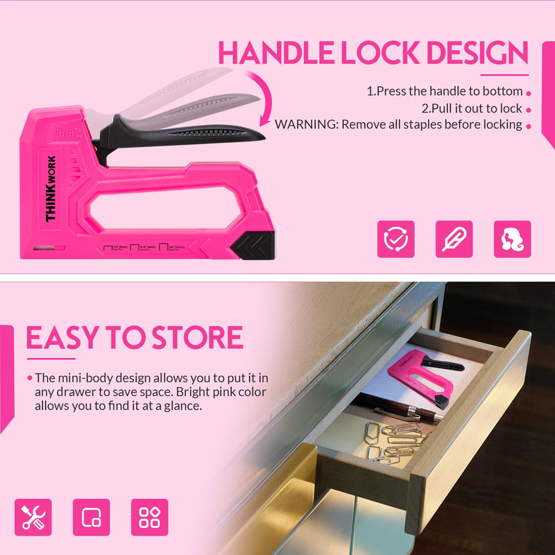 [Australia - AusPower] - THINKWORK Light Duty Staple Gun, Pink Upholstery Staple Gun for Wood with 2100pcs JT21 Staples 1/4", 5/16", 3/8" and Staple Remover, Women Fabric Stapler Gun for Crafts, Wall, Arts, DIY, Decoration 