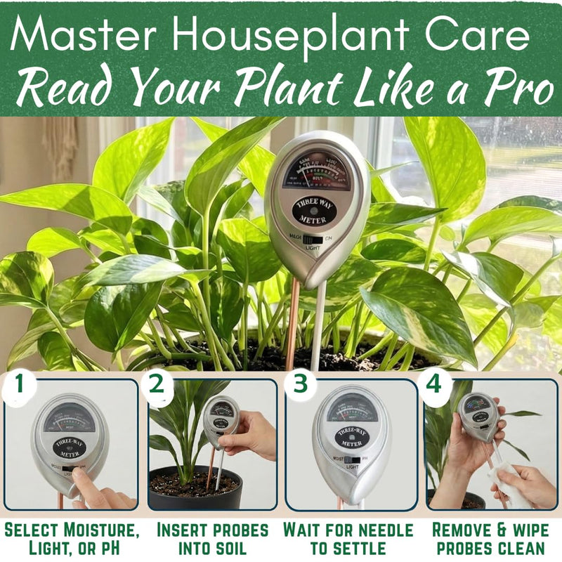 [Australia - AusPower] - Houseplant Health Meter – 3-in-1 Tool to Prevent Overwatering, Root Rot & Leaf Burn | Test Soil Moisture, Sunlight & pH | Simple, Easy, Battery-Free | Suitable for Indoor, Outdoor & Potted Plants 