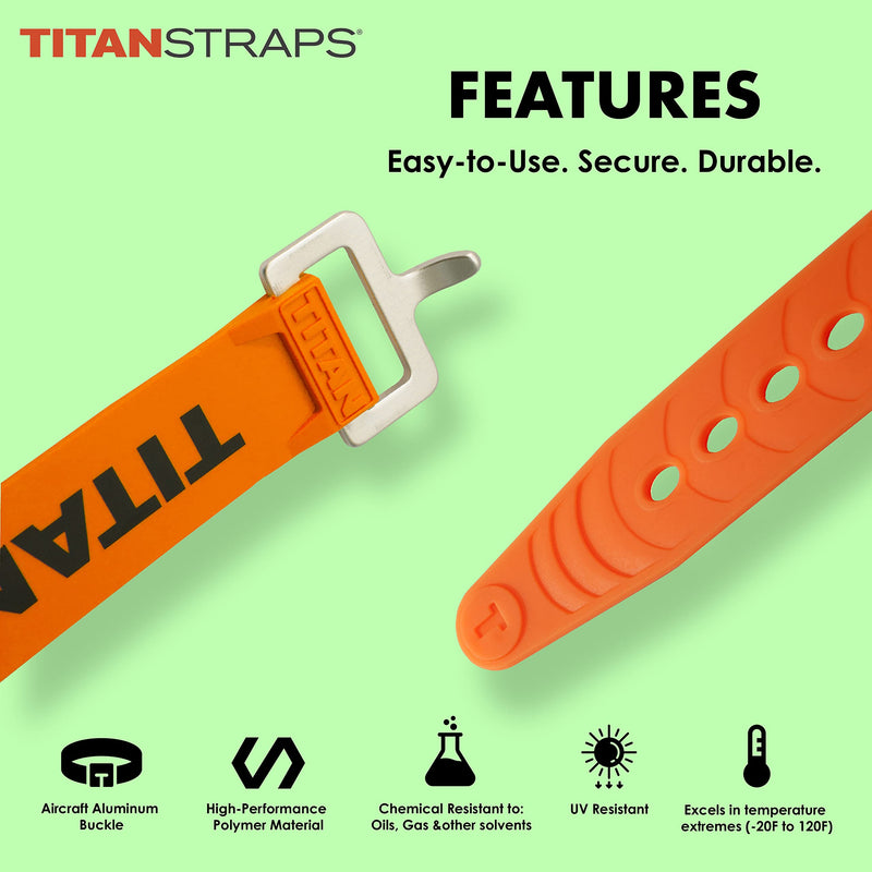 [Australia - AusPower] - Titan Utility Straps – Easy-To-Use, Reliable Tension Straps for Securing Bike & Moto Gear, Skis, Garden Hoses, Field Repair – Use in Frigid Temp – 60 lb.Working Load, 25" Length, Safety Orange, 2-Pack 25" Length / 2 Pack 