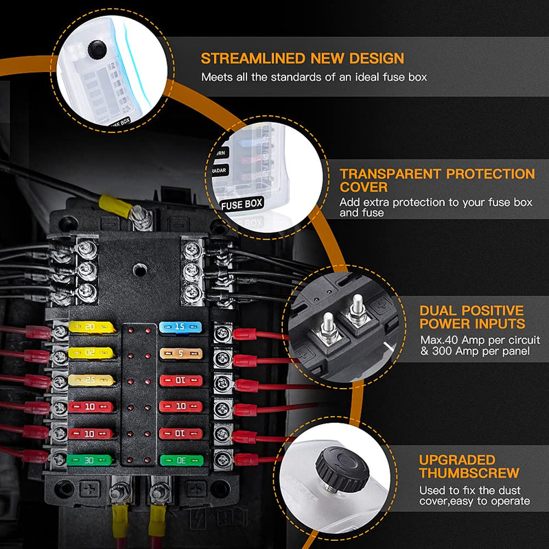 [Australia - AusPower] - Upgraded 300A 12 Way Blade Fuse Block Fuse Box with 2 Positive Power Inputs Negative Bus, ELECTOP 12 Circuit Fuse Holder ATC/ATO Fuse Block Panel with LED Indicator for 12V/24V Car Truck Boat Marine Upgraded 12 Way Fuse Block 