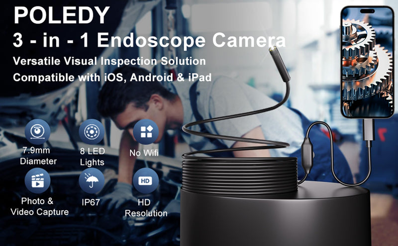 [Australia - AusPower] - Endoscope Camera with Light, 1920P HD Borescope, 8 Adjustable LED Light, IP67 Waterproof 16.4ft Snake Camera, Semi-Rigid Cable Inspection for Android, iOS 