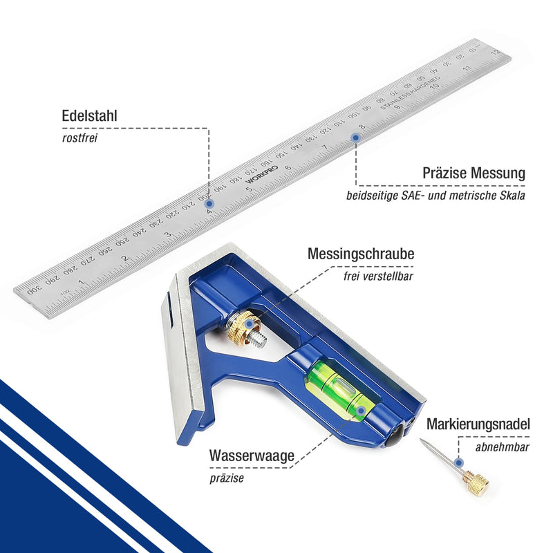 [Australia - AusPower] - WORKPRO Combination Square 300 mm, Try Square Universal Angle with Spirit Level and Scribe Needle, Adjustable Protractor Made of Stainless Steel 90/45 Degree Measuring Tool with Zinc Alloy Handle 300mm 