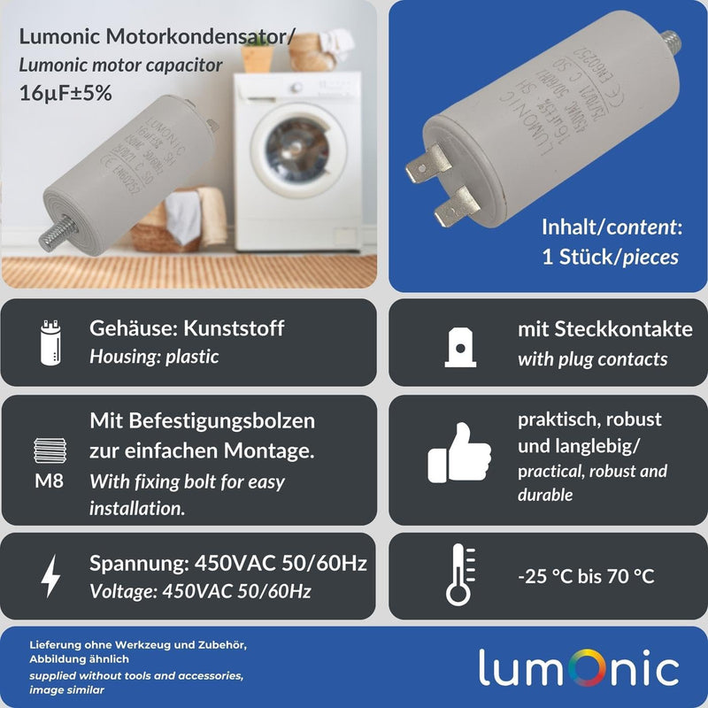 Lumonic Starting Capacitor 16µF 450V with Plug I 34 x 70 mm I 16uF I Motor Capacitor with Plastic Housing I Operating Capacitor I for Pumps, Lawnmowers, Tools Plugs