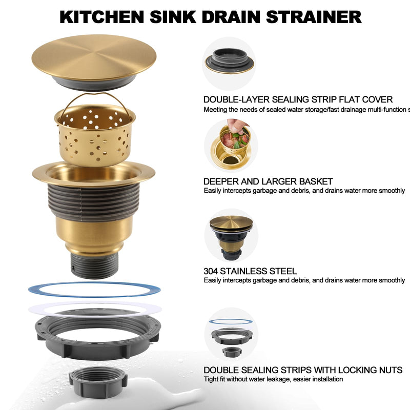 3 1/2" Kitchen Sink Drain Kit Replacement Sink Drain Assembly Removable 304 Stainless Steel Deepen Sink Strainer Basket with Sealing Cover for Kitchen Laundry Room RV(Gold) Gold
