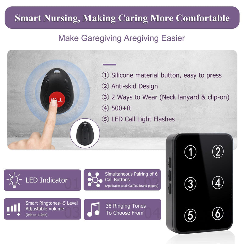 [Australia - AusPower] - CallToU Wireless Caregiver Pager Call Button Light LED Number Display Call Bell 500+ft Nurse Call System Room Monitors for Elderly Patient Clinic Medical Institution Nursing Home 6 call button + 1 receiver 