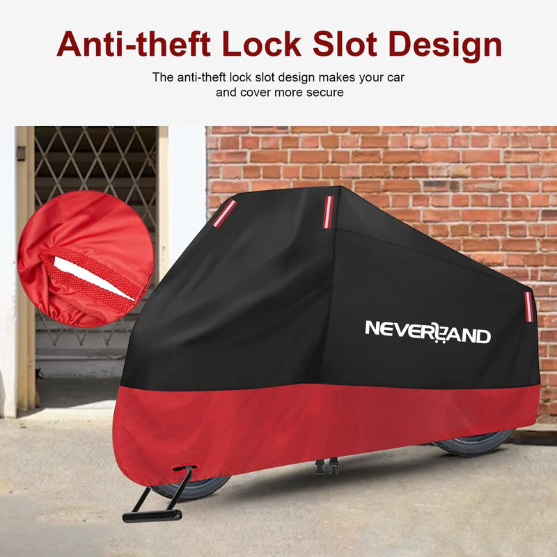 [Australia - AusPower] - NEVERLAND Motorcycle Cover Waterproof Outdoor, 300D Motorcycle Cover Heavy Duty Outdoor All Season Protection, Universal Motorbike Cover with Night Reflective, Lock-Holes, Storage Bag (Up to 86") L 