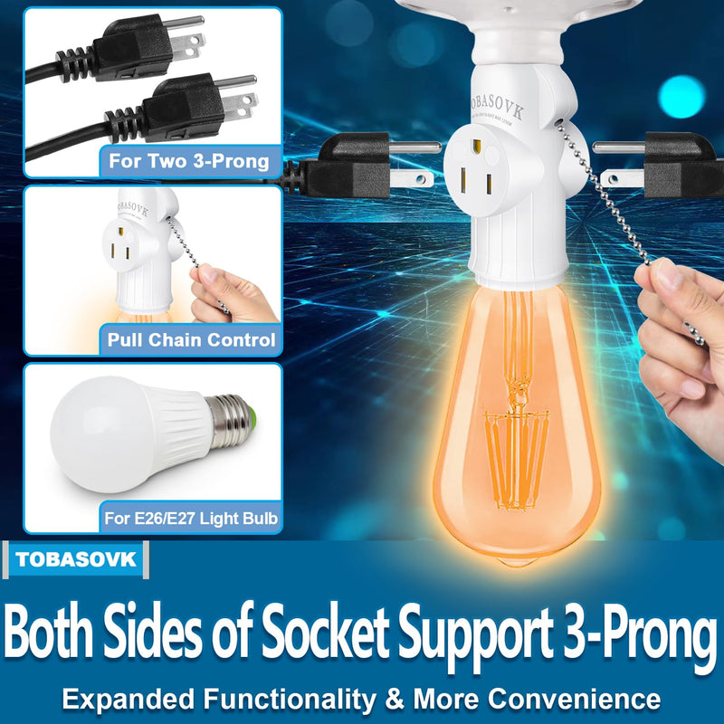 [Australia - AusPower] - 3 Prong Light Socket to Plug Adapter, Simultaneous Support for Two 3-Prong Light Socket Adapter, Multifunctional Light Bulb Outlet Socket Adapter, for Garage, Porch, CCTV Camera, Patio, White 1 White Style 