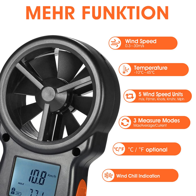 Digital Wind Gauge Wind Meter, Kethvoz Hand Anemometer Sensor with Windchill Indicator Measure Wind Speed Wind Temperature ℃/℉, Wind Speed Meter for Ventilation System/Boat Sailing/Climbing Digital anemometer KE-866B