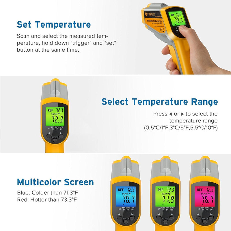 Etekcity Lasergrip 1030D Infrared Thermometer (Not for Human) Gun Dual Laser Non-Contact Temperature Filtering-58℉ to 1022℉ (-50℃ to 550℃), 8.9 x 2.2 x 5.3, Yellow & Gray