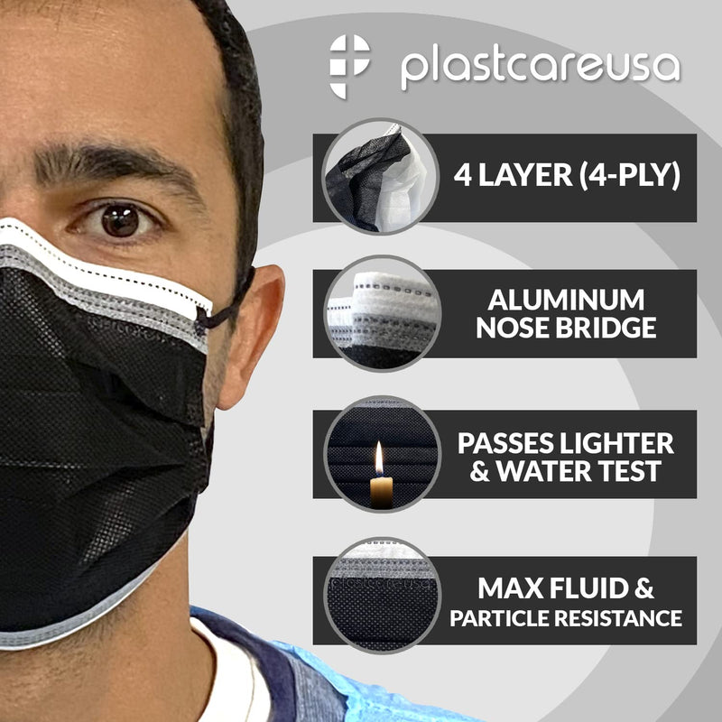 PlastCare USA Black ASTM Level 3 Face Masks - 4-Ply Disposable Masks with Adjustable Nose Band (50 or 100 Pack) 100 Count (Pack of 1)