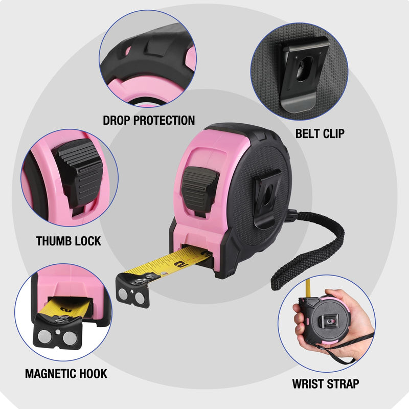 [Australia - AusPower] - WORKPRO 25FT Pink Tape Measure, 1/8 Fractions Easy Read Measuring Tape, Retractable Nylon Coating Measurement Tape Accuracy 1/32, Magnetic Hook, Belt Clip, Rubber Protective Casing 