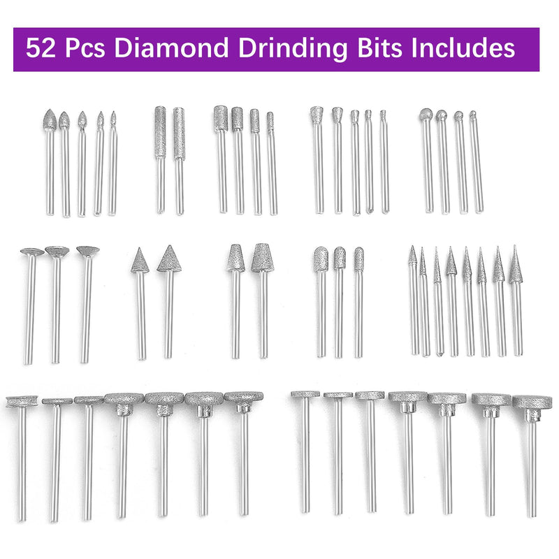 [Australia - AusPower] - 52 Piece Diamond Cutter Set, Diamond Cutter, Compatible with Dremel Grinding Attachments, Rotary Tool Accessories with 1/8 Inch (3 mm) Shank Fit for Stone Glass Ceramic Carving, Grinding, Polishing, 