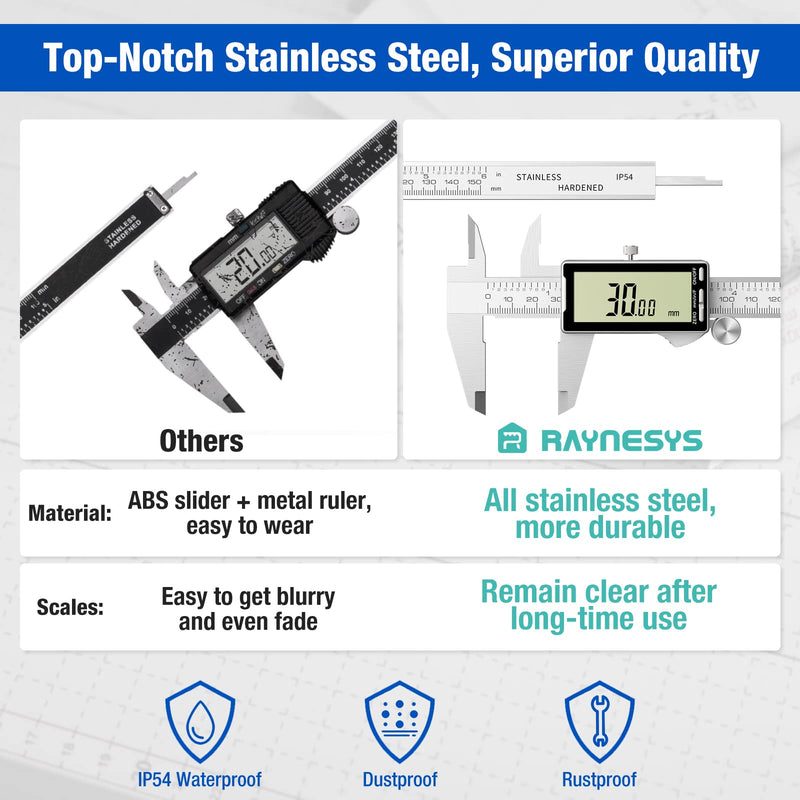 Raynesys Electronic Digital Caliper 6", Professional Precision Micrometer Calipers, ±0.001"/0.02mm Accuracy, Large LCD Display, Stainless Steel Diameter Measuring for Woodworkers/Jewelers/DIY Projects 6inch