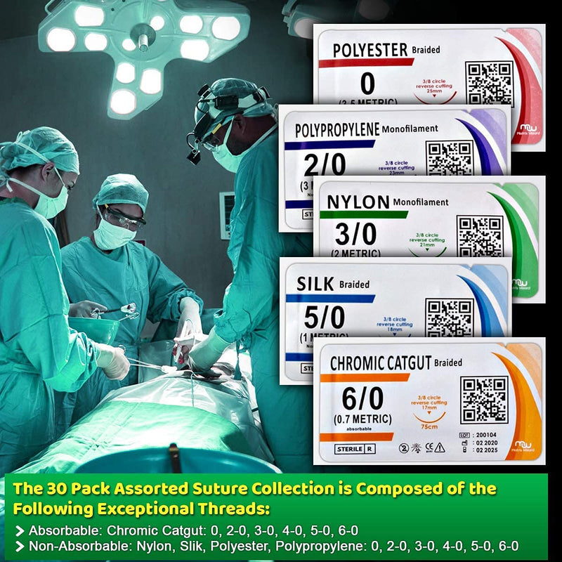 [Australia - AusPower] - Sutures Thread with Needle (30PK Mix Absorbable: Chromic; Non-Absorbable: Silk, Nylon, Polyester, Polypropylene: 0,2-0,3-0,4-0,5-0,6-0) - Surgical Stitch Kit; Medical, Vet, RN's Hospital Training 