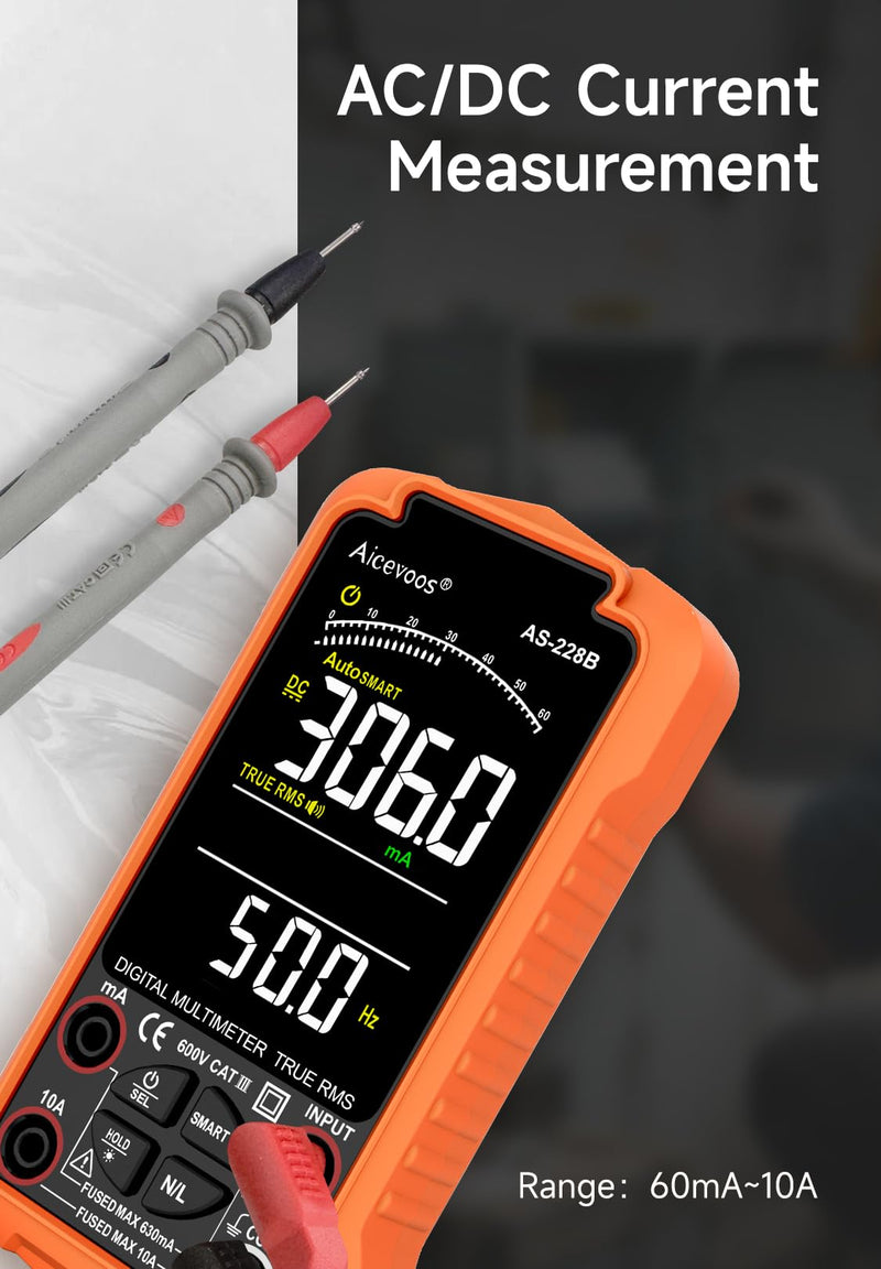 [Australia - AusPower] - AS-228B Smart Digital Multimeter, Auto-Ranging Volt Meter, TRMS 6000 Counts Voltage Tester Measures Voltage, Capacitance, Frequency, NCV, Ohm, Continuity, Diode, Live Wire for DIY 