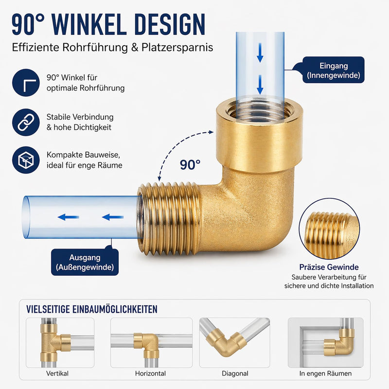 Brass Angle 90°, 1/4 Inch Bend, Brass, 1/4 Inch Female Thread to 1/4 Inch Male Thread BSP, Brass Plug 90 Degree Angle Pipe Connector, for Pipe Connection, Water Tank, Garden, Gas, Pack of 2