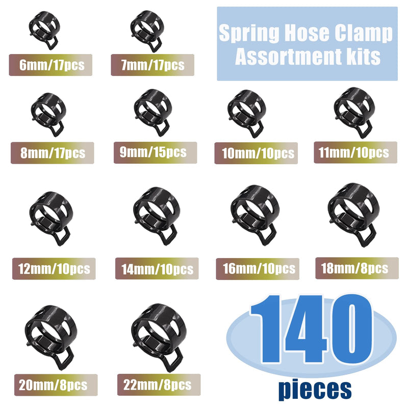 [Australia - AusPower] - Tnisesm 140 Pcs 12Values 6-22mm Spring Hose Clamp Assortment kits Silicone Vacuum Hose Action Low Pressure Air Clip Clamp hoses clamps sleeving(Black) 