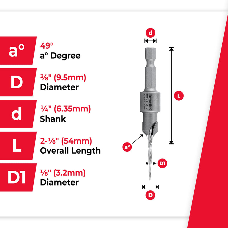 Amana Tool Carbide Tipped 82 Degree Countersink Tapered Drill Bit, 55626, Screw 10, 3/8 Dia x 1/8 Drill D x 1/4 Hex Shank
