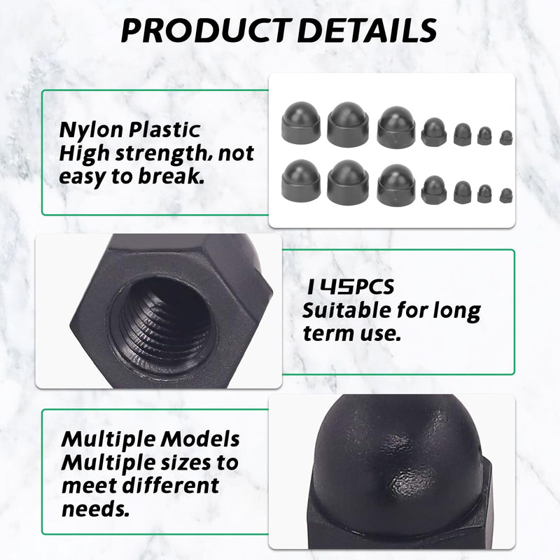 [Australia - AusPower] - Rubber End Caps, Bolts Cap, Hex Nut Dome Cover 145pcs Black Rubber Hex Nut Cover Bolts Protection Cap Rubber Nut Cover M4 M5 M6 M8 M10 M12 Hardware Fasteners Plastic Nut Caps 