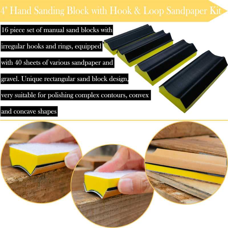 [Australia - AusPower] - Total 56 PCS Hand Sanding Block Set- 16 PCS Contoured Profile Sander Block + 40 Sheet Sandpaper Kit - Interchangeable Assorted Convex & Concave Shapes for Moldings,Woodworking, Auto Paint and Crafts 