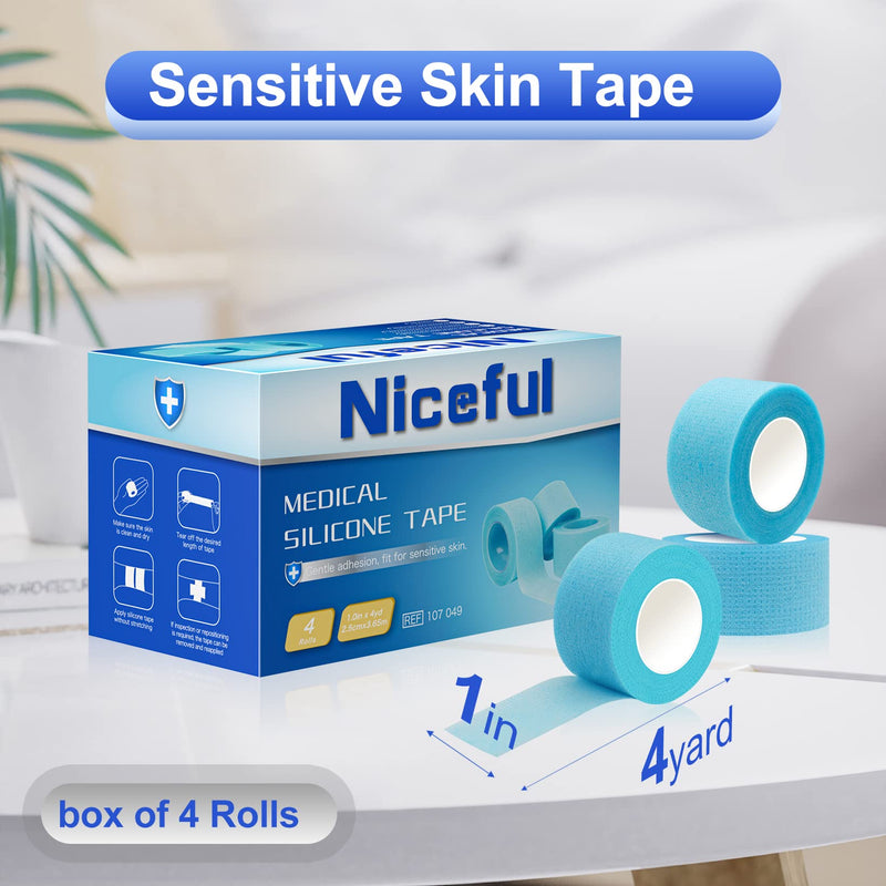 [Australia - AusPower] - 4 Rolls Silicone Sensitive Skin Tape 1"x 4 Yard, Repositionable Medical Tape for Waterproof, Easy to Remove, Blue Lash Tape Non-Woven Silicone Roll Tape for Wound Care Blue 1"x 4 Yd (4 Rolls) 