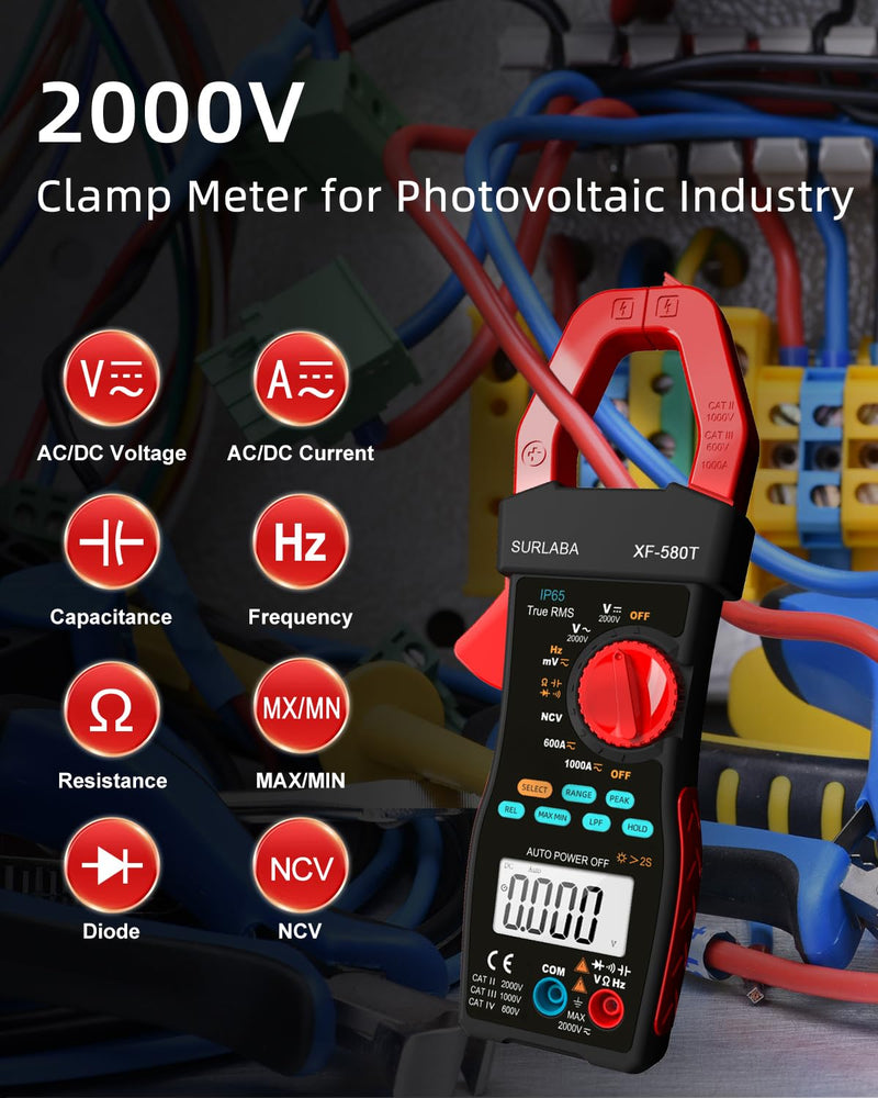 [Australia - AusPower] - SURLABA Digital Clamp Meter 1000A/2000V AC DC Current Voltage LPF Multimeter 6000 Counts TRMS NCV Amp Volt Resistance Capacity Frequency Continuity Tester for Photovoltaic Industry High Voltage Clamp Meter (XF-580T) 